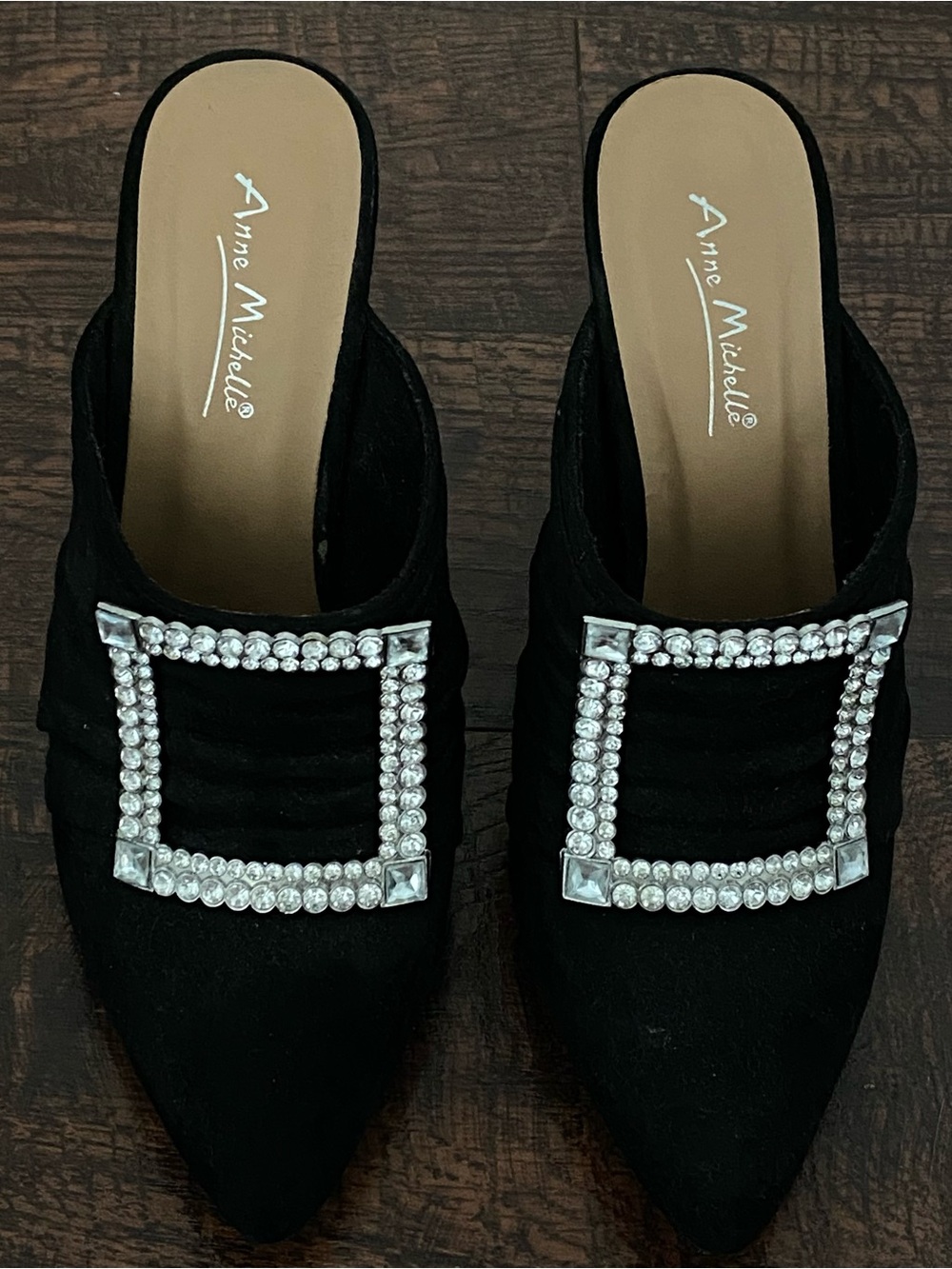 Anne Michelle Black Pointed Mule Slides with Square Rhinestone Buckles